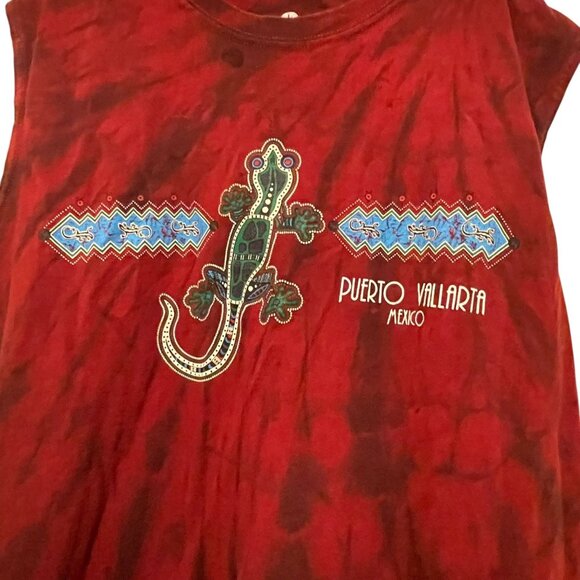 Puerto Vallarta Mexico Red Tie-Dye Sleeveless T-Shirt With Gecko Graphic - Picture 11 of 11